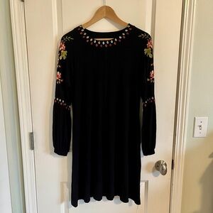 Black jersey knit swing Dress with Floral Embroidery